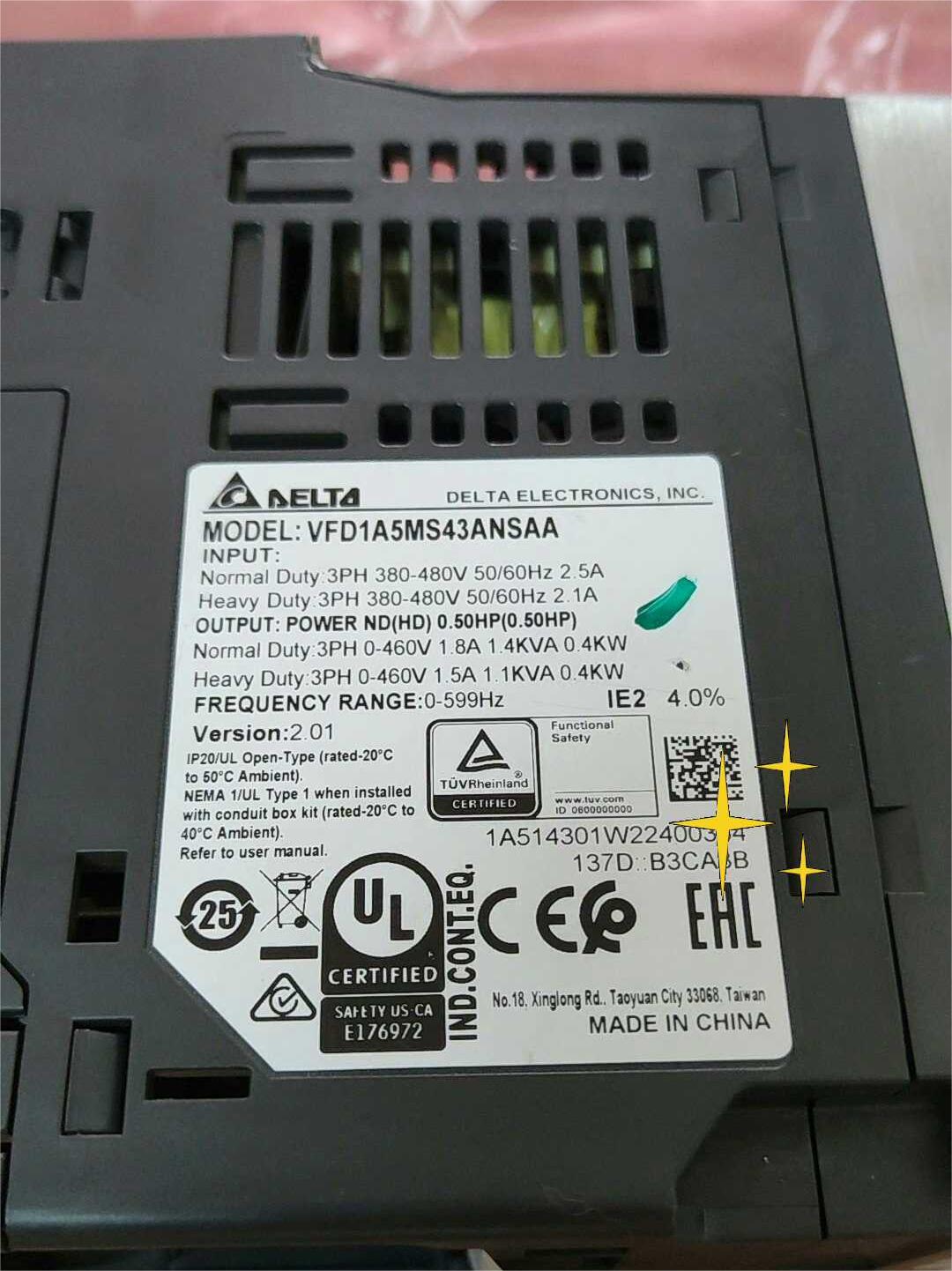 VFD1A5MS43ANSAA Delta 0.4kw 1hp 3 相 380v 480v 50hz 60hz 变频器 vfd